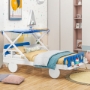 Picture of Wood Twin Size Car Bed with Ceiling Cloth, Headboard and Footboard, White+Blue