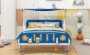 Picture of Wood Twin Size Car Bed with Ceiling Cloth, Headboard and Footboard, White+Blue