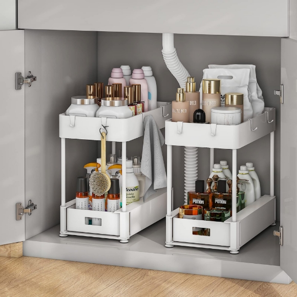 Picture of 2 Pack Under Sink Organizers and Storage Bathroom Organizer Under Sink, Pull Out Cabinet Organizer for Kitchen Bathroom Sink Storage, White