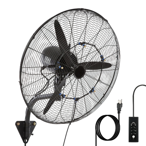 Picture of 24 Inch Misting Wall Mount Fan, IP44 Waterproof Outdoor Fan, Powerful Cooling and Refreshing Mist, Adjustable Speeds, 180 Degree Oscillation,Black