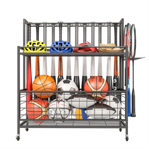 Picture of Sports Equipment Storage, Garage Sports Organizer, Baseball Bat Holder Holds 24 Bats Rolling Ball Cart with Wheels, Black