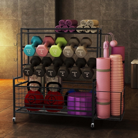 Picture of Yoga Mat Holder, Yoga Mat Storage Rack, Home Gym Storage With Hooks and Wheels ,Black