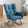 Picture of Rocking Chair, Soft Teddy Fabric Rocking Chair for Nursery, Comfy Wingback Glider Rocker with Safe Solid Wood Base for Living Room Bedroom Balcony (blue)