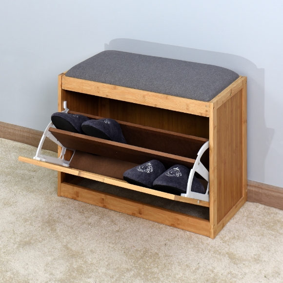 Picture of Entryway Bamboo Bench Living Room Storage Shoe Rack with Foldable Shelf 24.8 x 11.6 x 18.9 inch