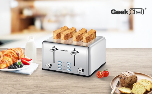 Picture of Geek Chef - Stainless Steel Extra-Wide 4 Slot Toaster with Dual Control Panels of Bagel/Defrost/Cancel Function, 6 Toasting Bread Shade Settings, Removable Crumb Trays Ban on Amazon